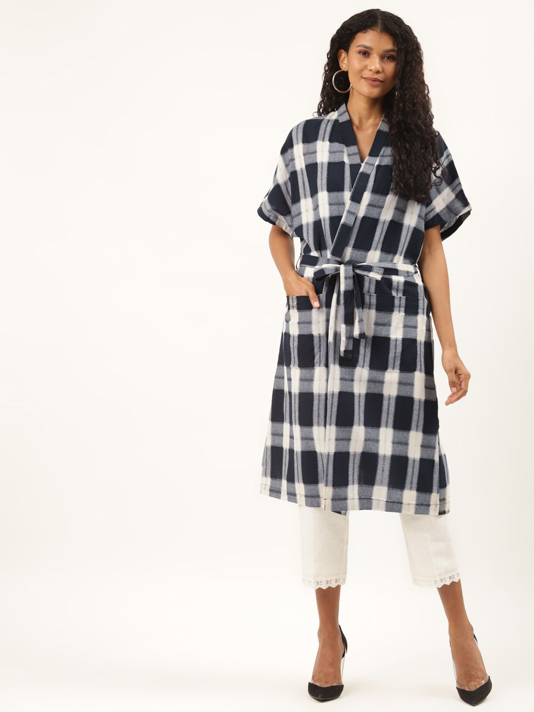 Ancestry Women Navy Blue & White Pure Cotton Checked Longline Tie-Up Shrug Price in India