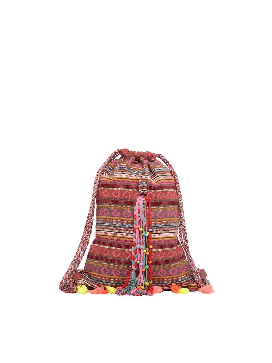 The House of Tara Women Maroon & Pink Tasselled Backpack Price in India