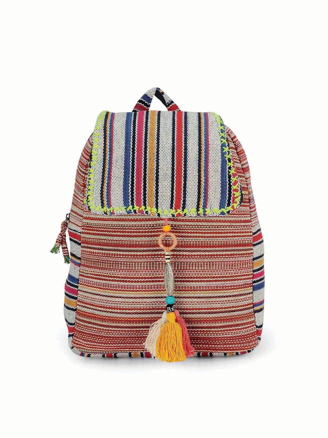 The House of Tara Women Multicoloured Striped Tasselled Backpack Price in India