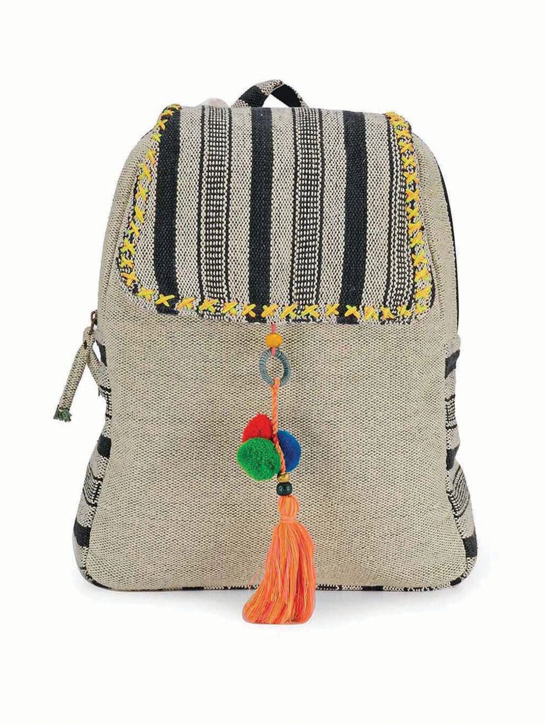 The House of Tara Women Grey & Black Tasselled Backpack Price in India