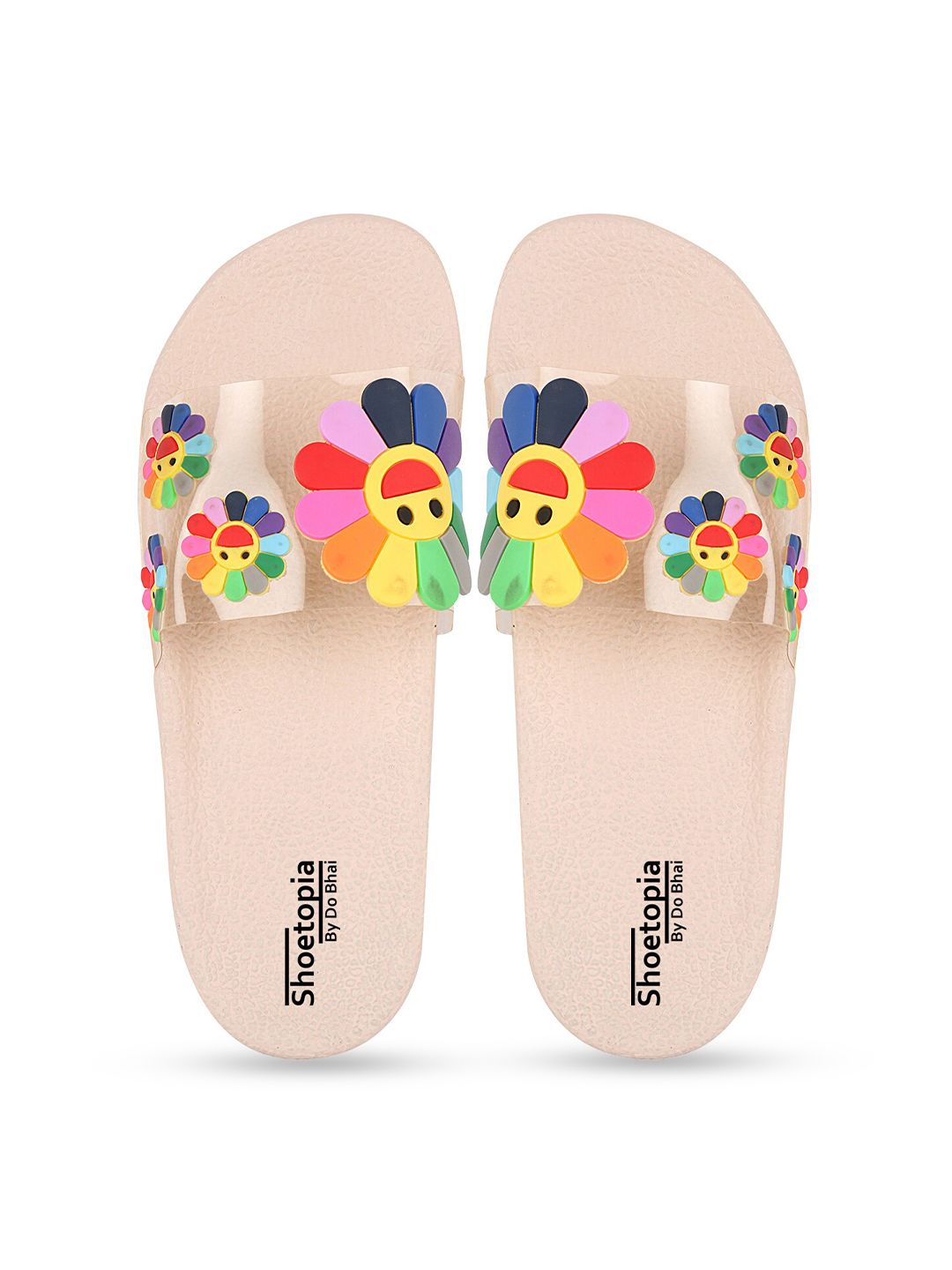 Shoetopia Women Pink & Yellow Printed Rubber Sliders Price in India