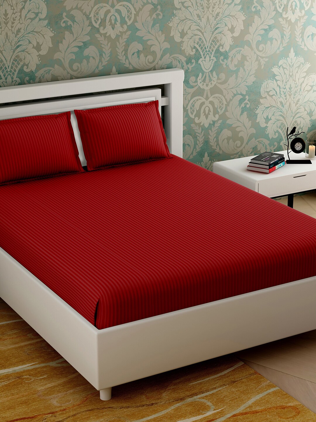 Varde Red Striped 210 TC King Bedsheet with 2 Pillow Covers Price in India
