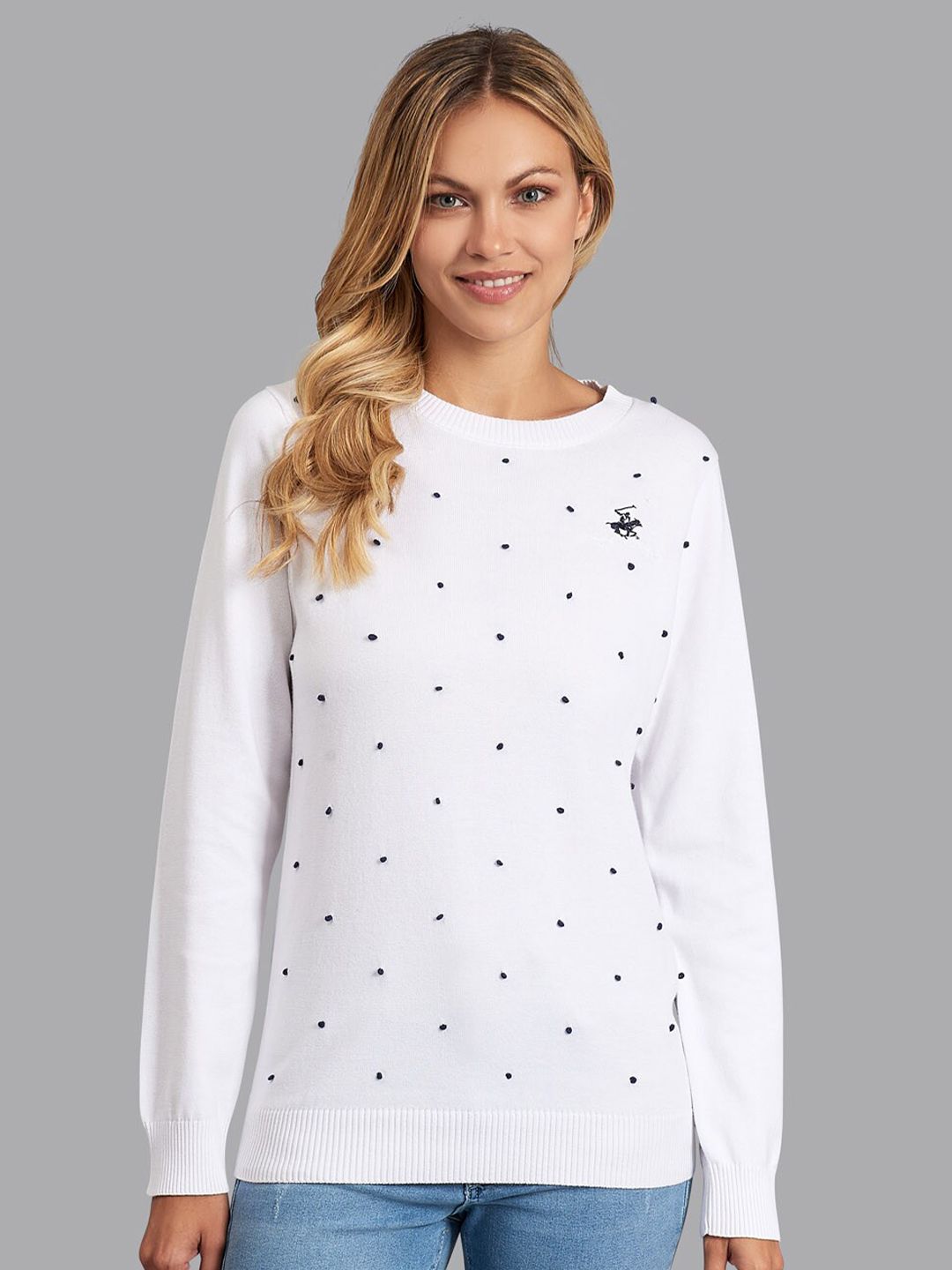 Beverly Hills Polo Club Women White & Navy Blue Embroidered Cotton Pullover Price in India