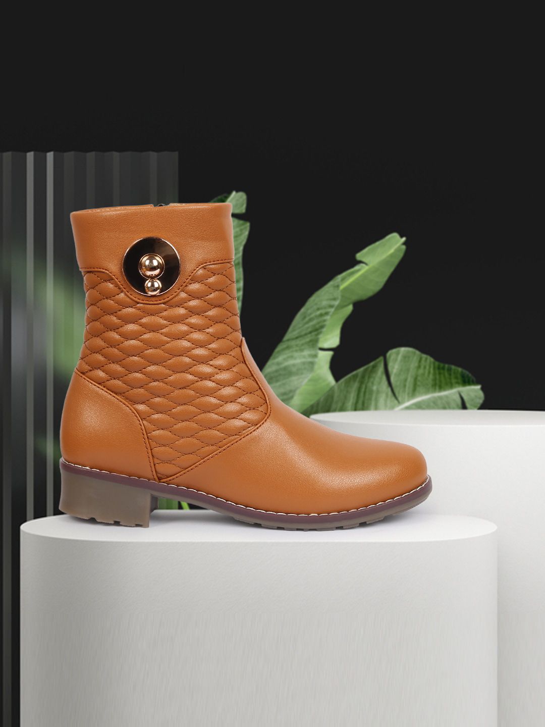 ZAPATOZ Tan Brown Textured PU Block Heeled Boots Price in India