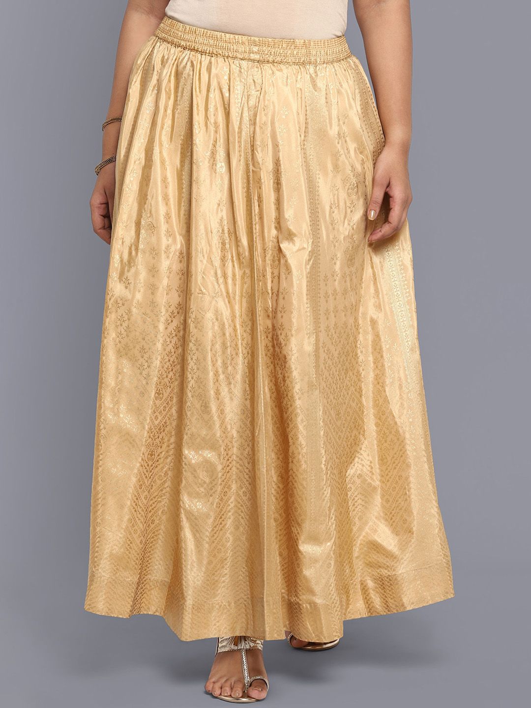 AURELIA Women Gold-Coloured Foil Printed Flared Maxi Skirt