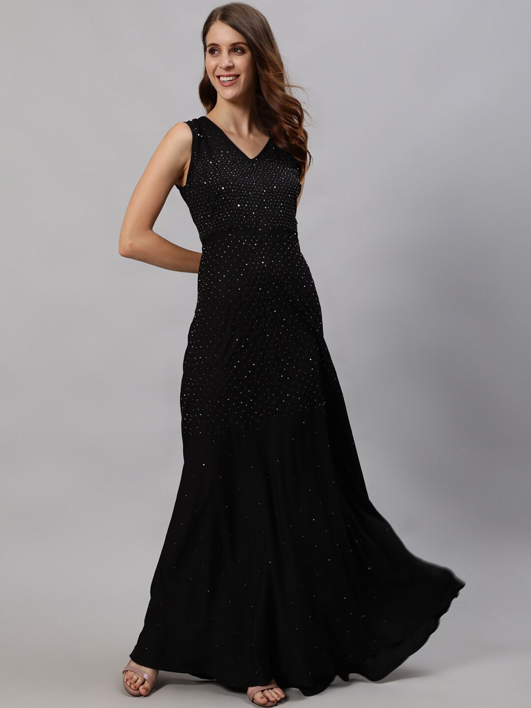 Ishin Black Embellished Crepe Maxi Dress Price in India