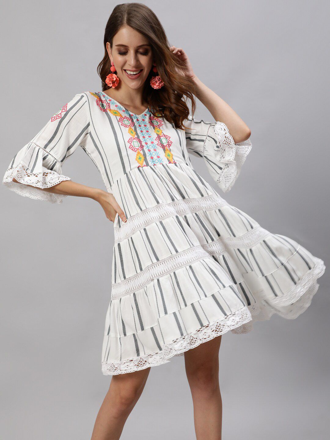 Ishin White Striped A-Line Dress Price in India