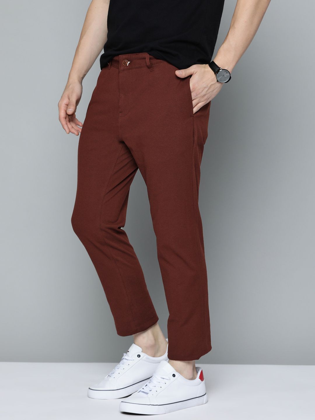 Mast & Harbour Men Maroon Solid Stretchable Regular Trousers
