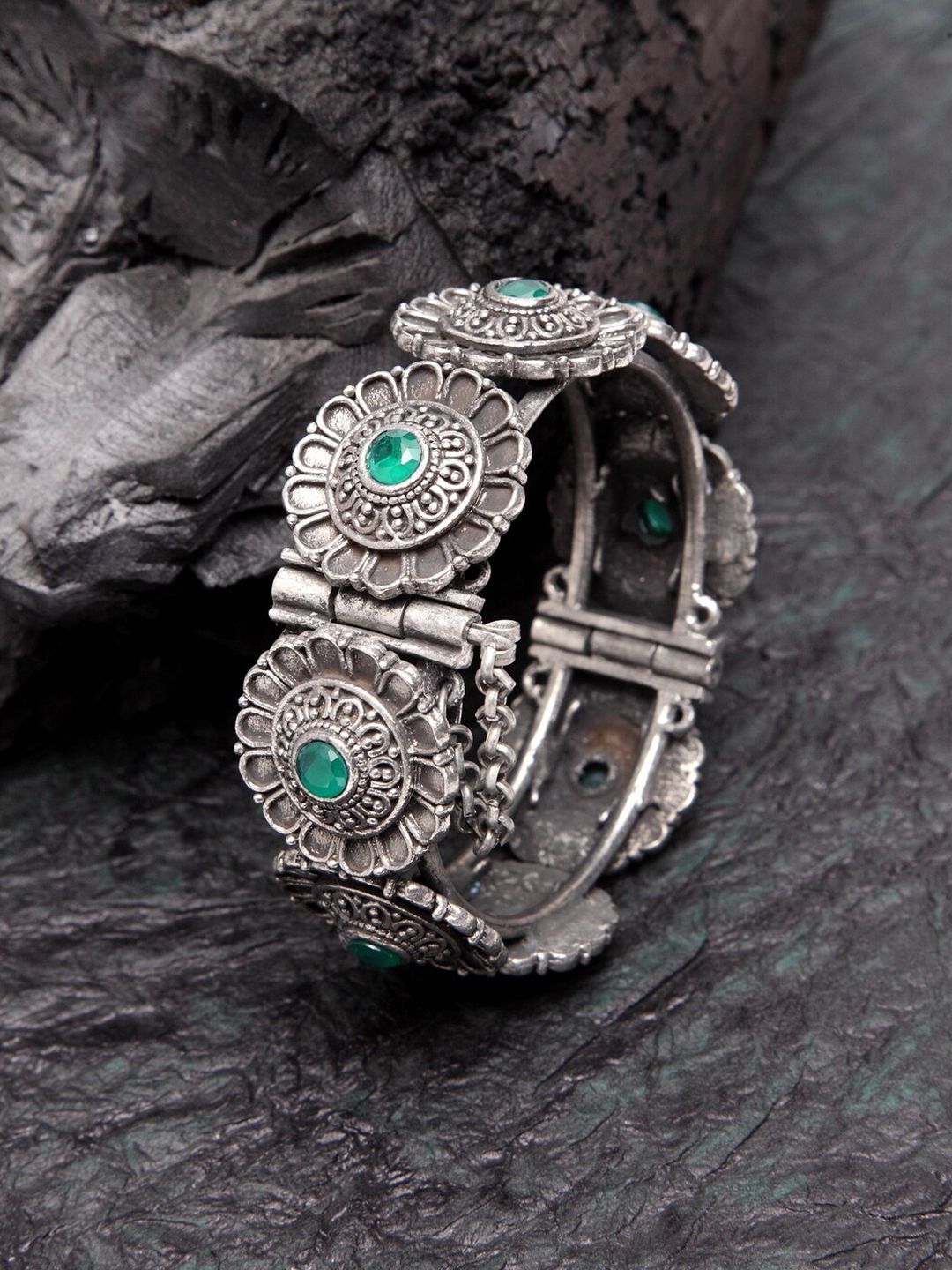 Moedbuille Women Silver-Plated & Green Brass Crystals Oxidised Bangle-Style Bracelet Price in India