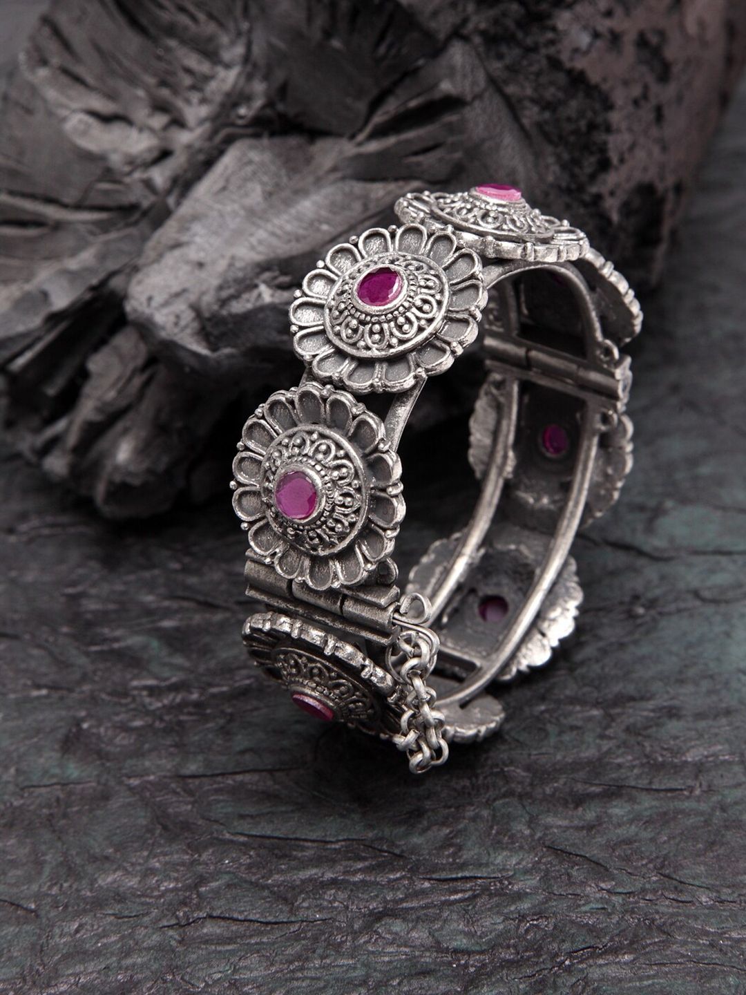 Moedbuille Women Pink & Silver-Plated Brass Crystals Oxidised Bangle-Style Bracelet Price in India