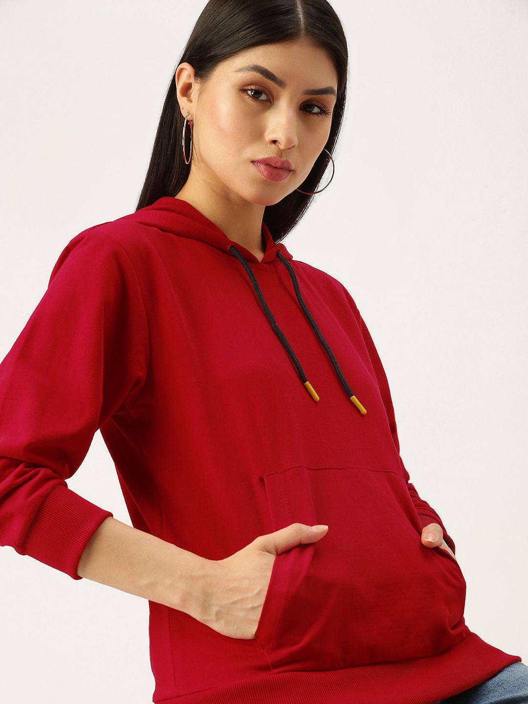 FOREVER 21 Women Red Solid Hooded Pullover Sweatshirt Price in India