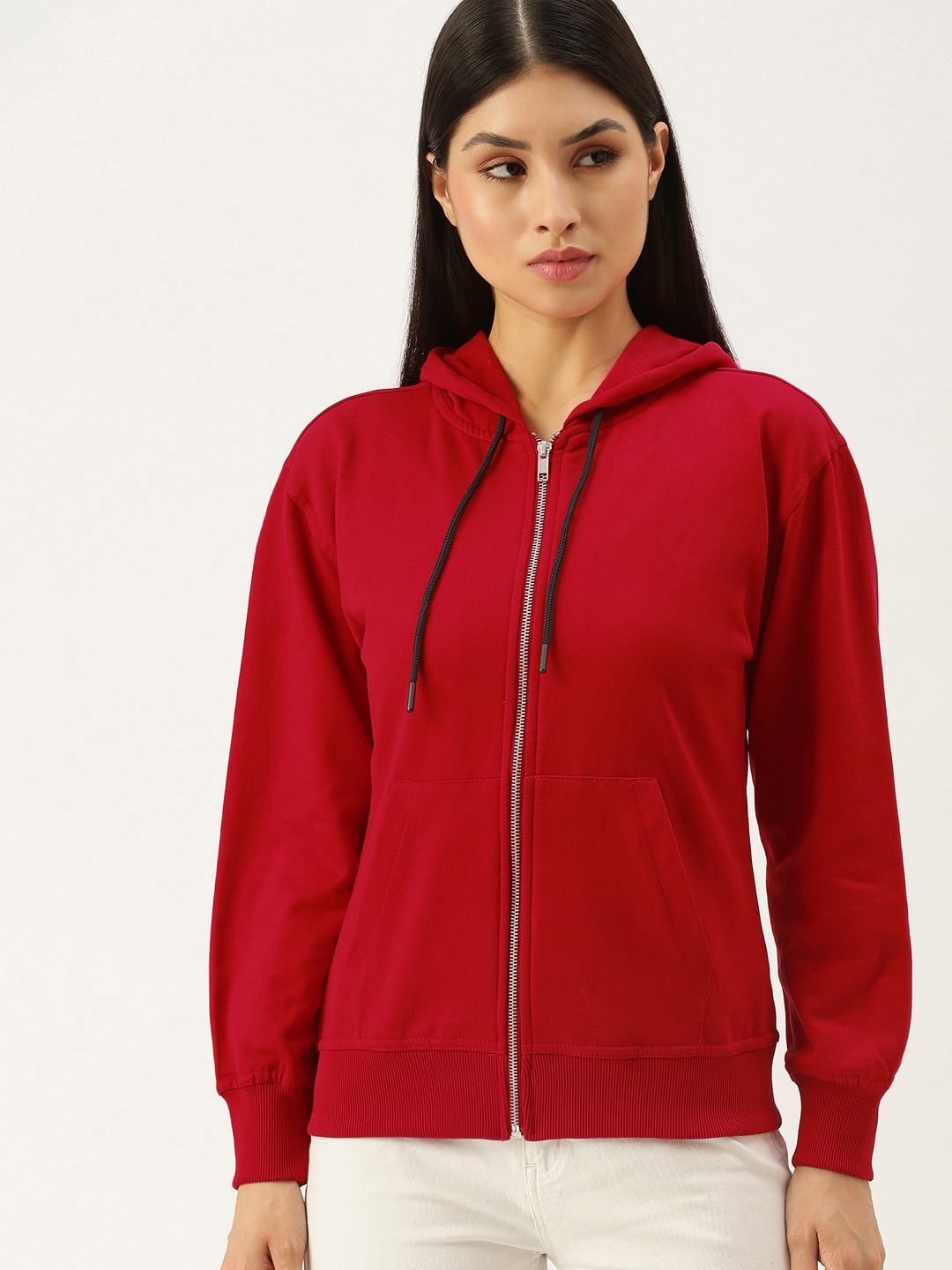 FOREVER 21 Women Red Solid Hooded Front-Open Sweatshirt Price in India