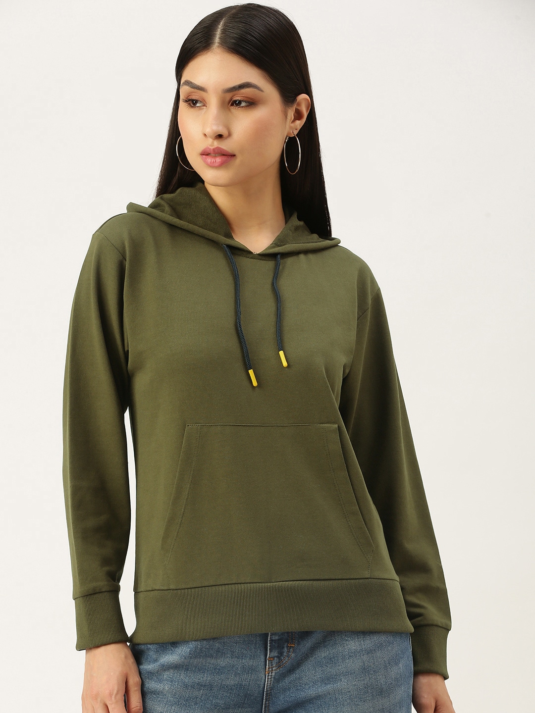 FOREVER 21 Women Olive Green Hooded Sweatshirt Price in India
