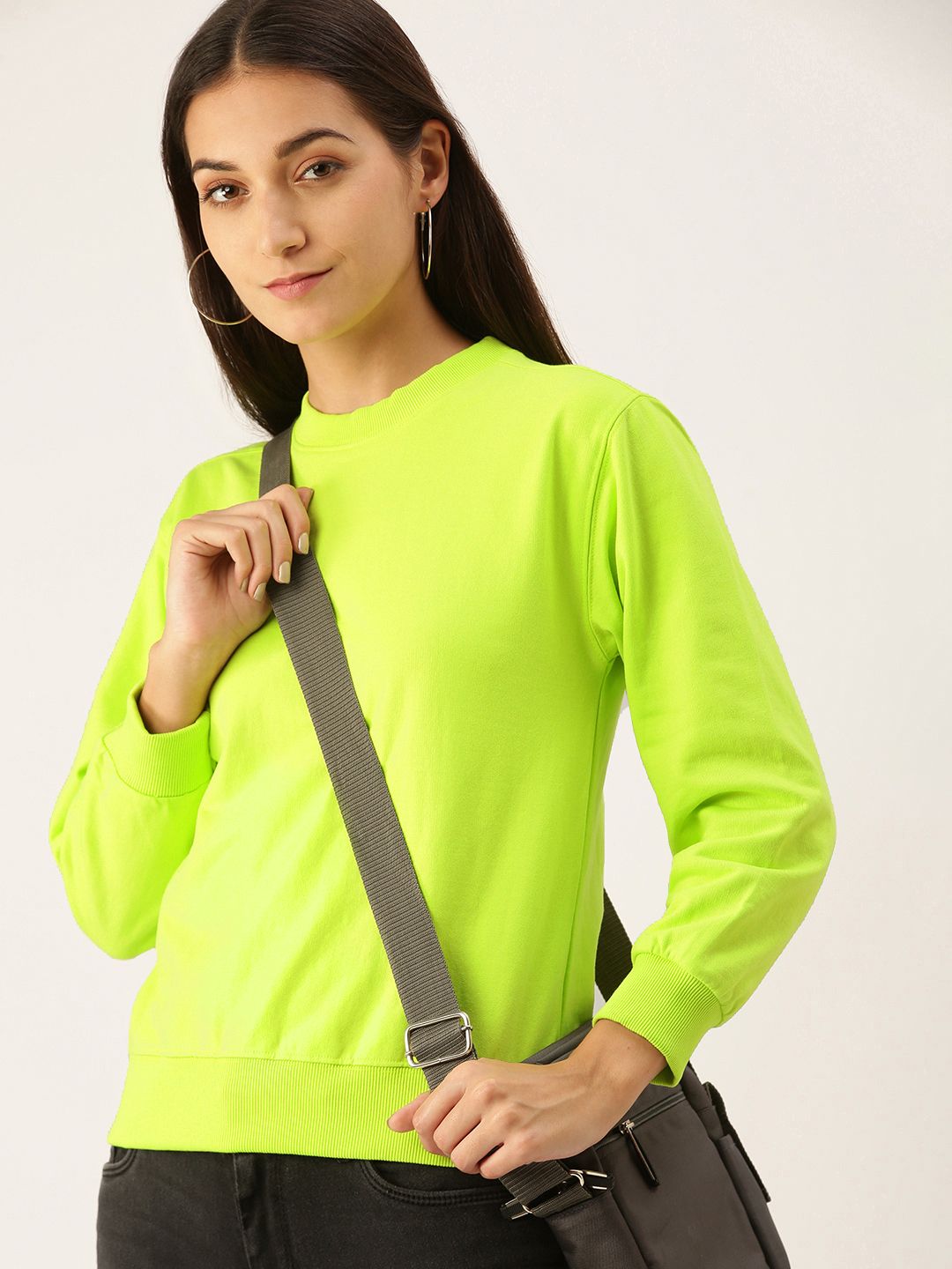 FOREVER 21 Women Fluorescent Green Solid Sweatshirt Price in India