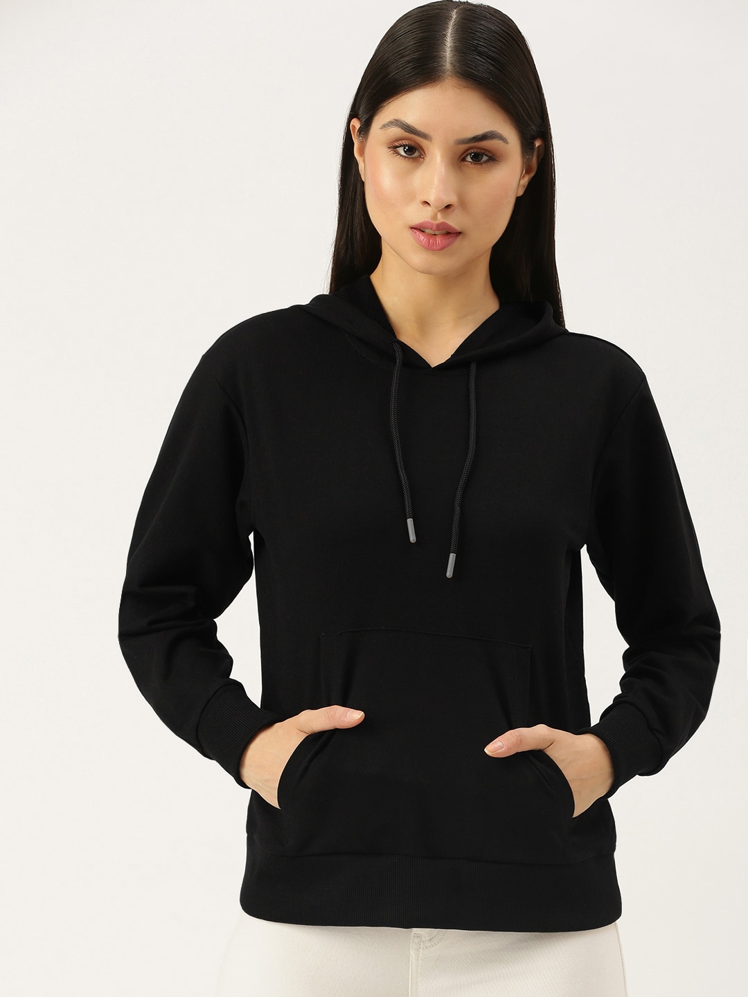 FOREVER 21 Women Black Solid Hooded Pullover Sweatshirt Price in India