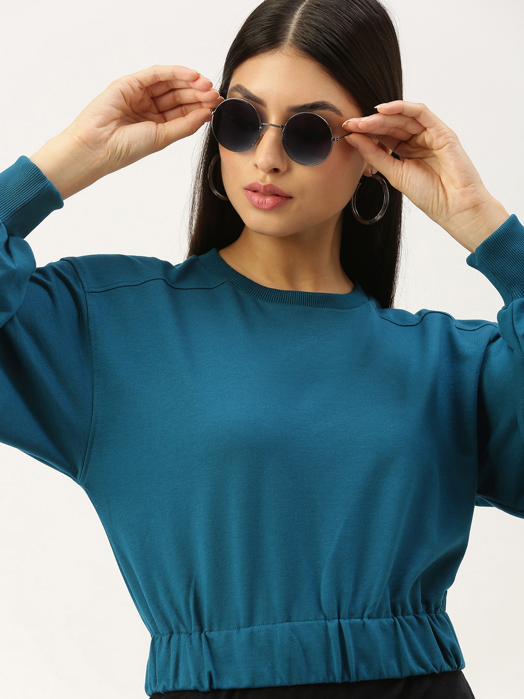 FOREVER 21 Women Teal Blue Solid Drop Shoulder Crop Sweatshirt Price in India