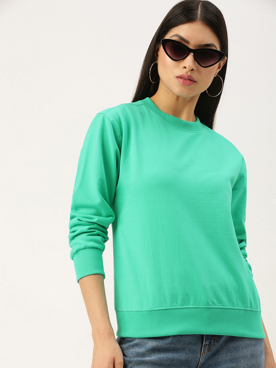 FOREVER 21 Women Sea Green Solid Pullover Sweatshirt Price in India