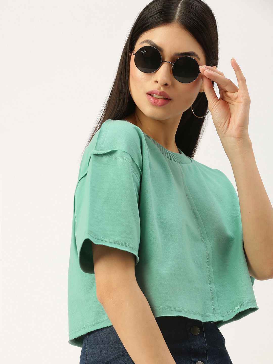 FOREVER 21 Women Sea Green Drop-Shoulder Sleeves Solid Cropped Sweatshirt Price in India