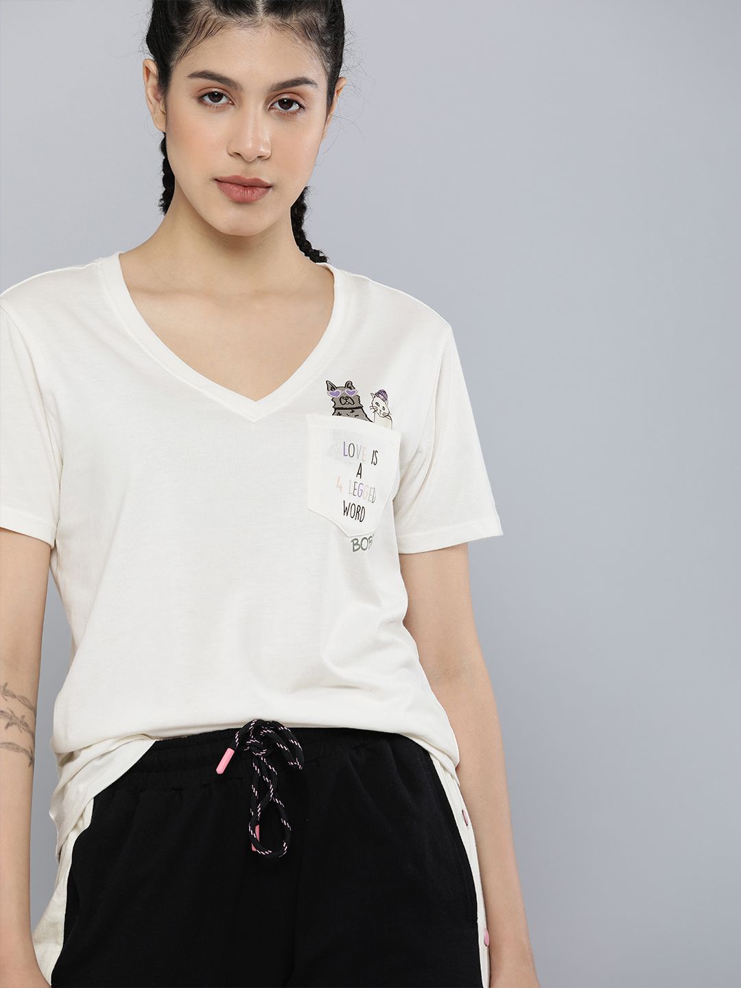 Skechers Women White 4 Legged V-Neck Pocket T-shirt Price in India