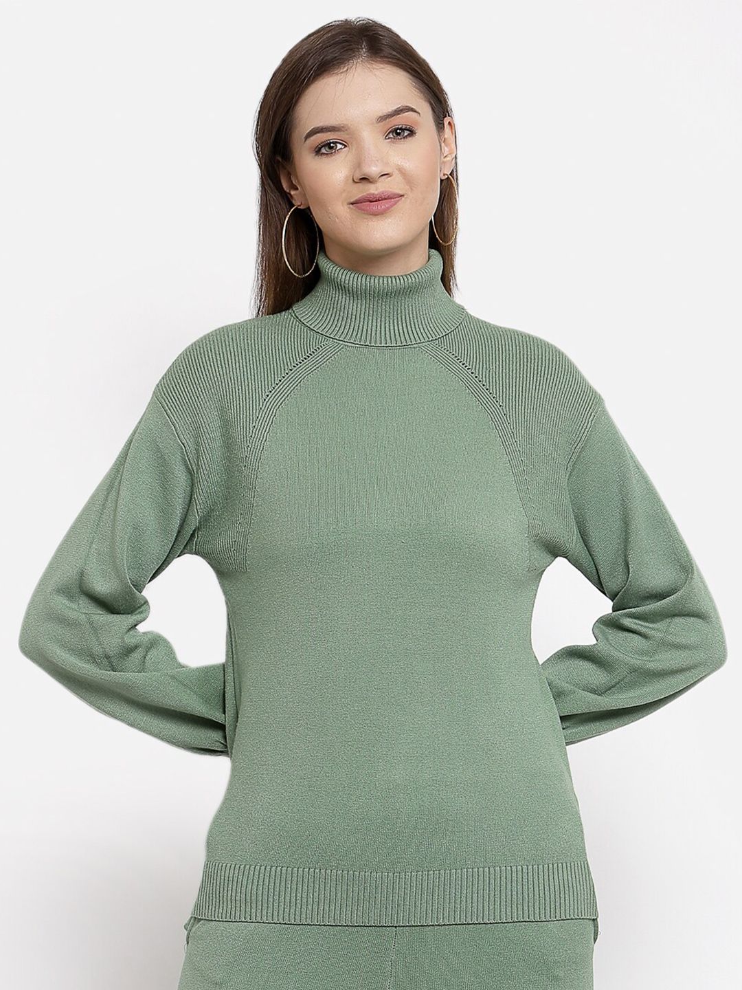Mafadeny Women Green Solid Turtle Neck Knitted Pullover Price in India