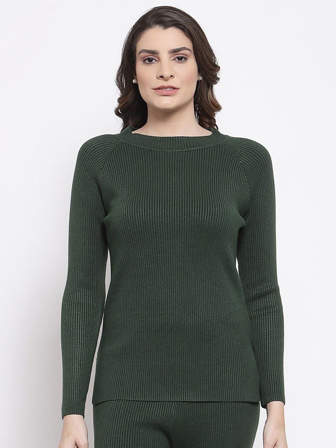 Mafadeny Women Green Ribbed Sweater Price in India