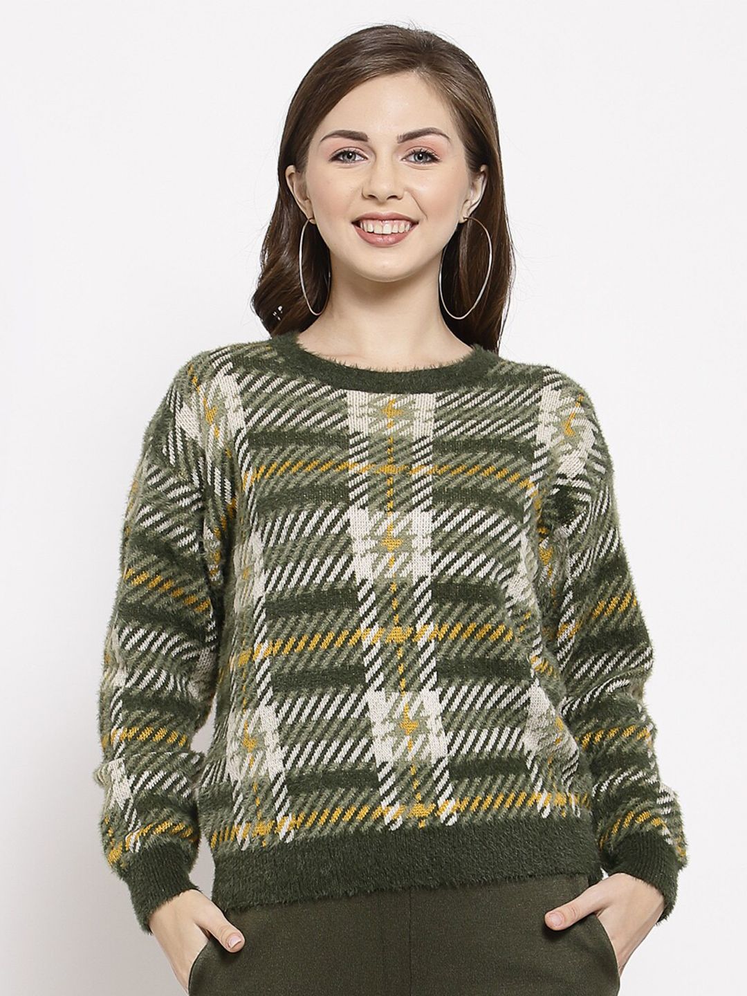 Mafadeny Women Green & White Printed Pullover Sweater Price in India