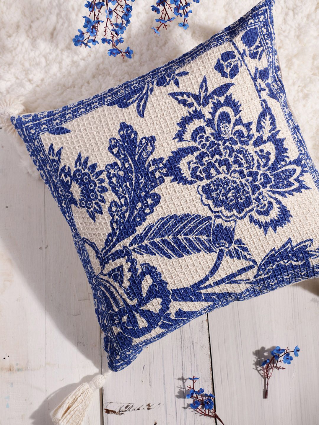 House of Pataudi Rozana Blue & Off White Floral Square Cushion Cover Price in India