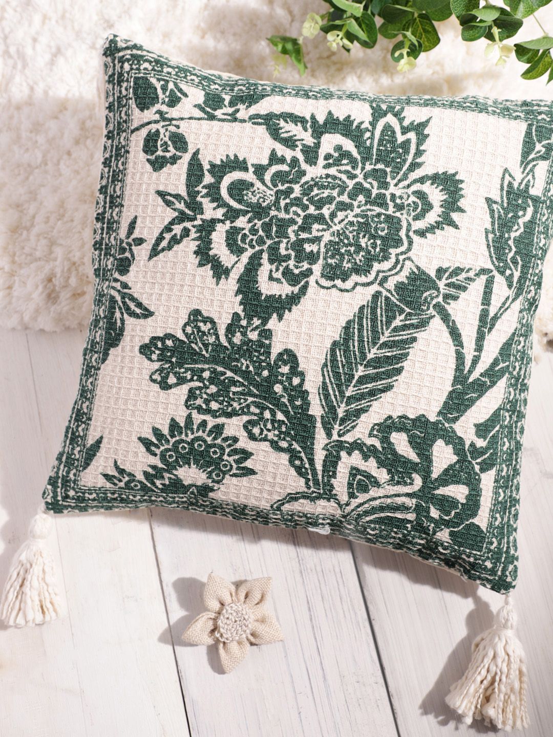 House of Pataudi Rozana Green & Off White Floral Square Cushion Cover Price in India
