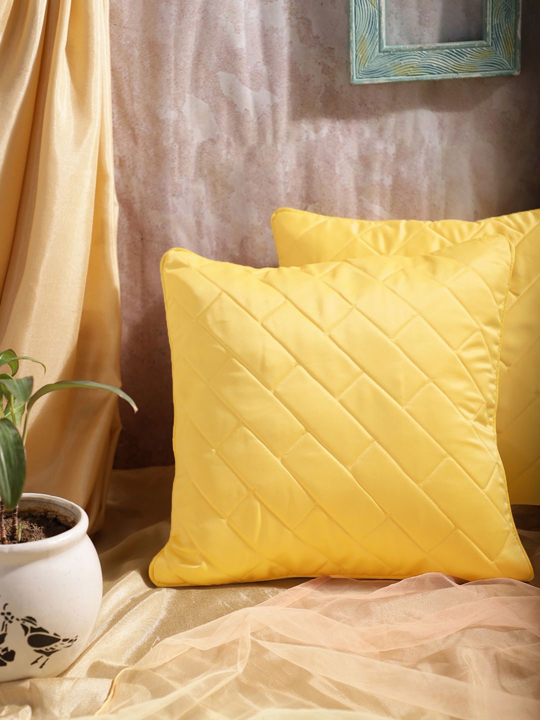 House of Pataudi Set of 2 Yellow Self-Design Jashn Square Cushion Covers Price in India