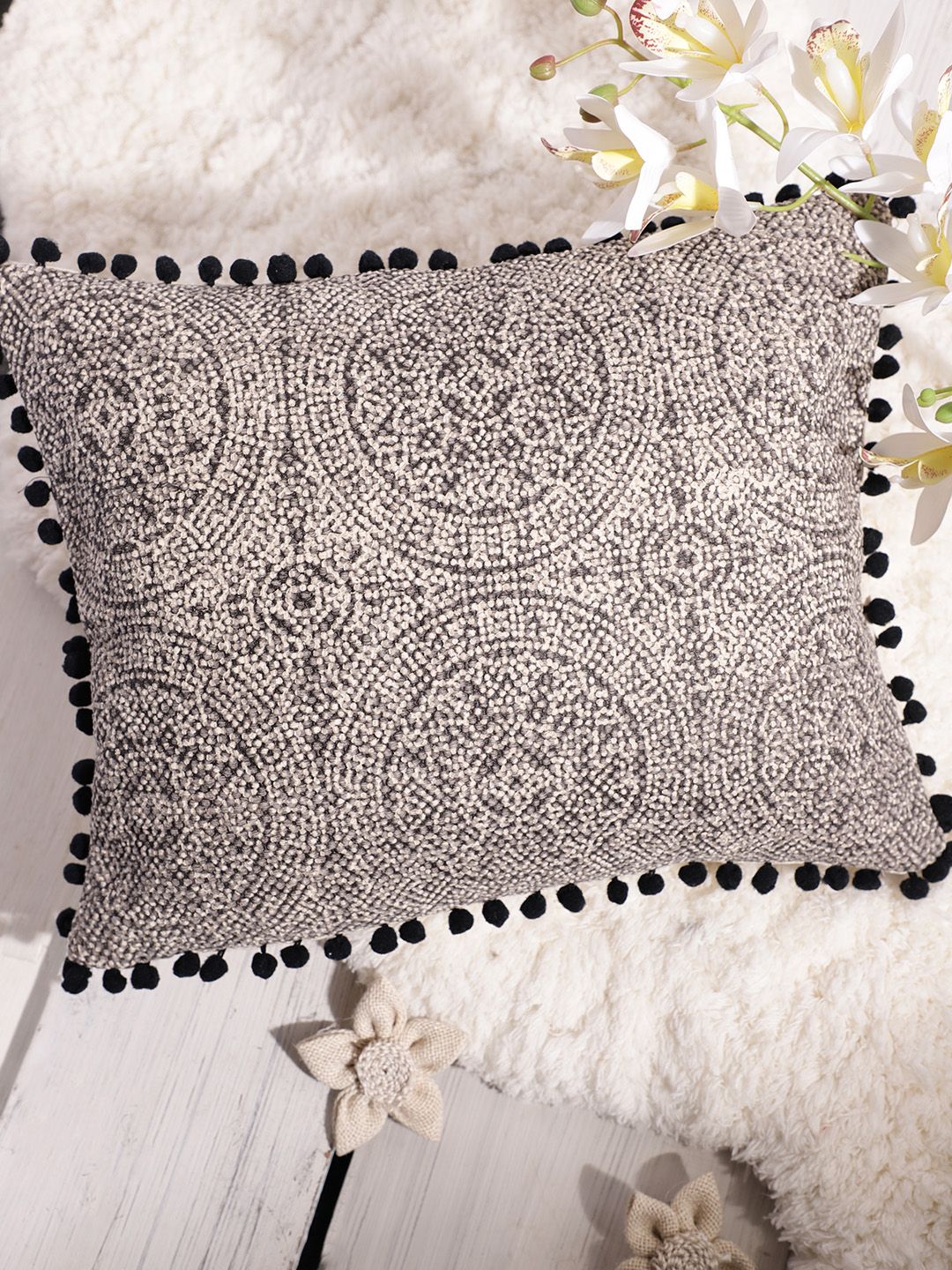 House of Pataudi Grey & Off White Pure Cotton Self-Design Rozana Rectangle Cushion Covers Price in India
