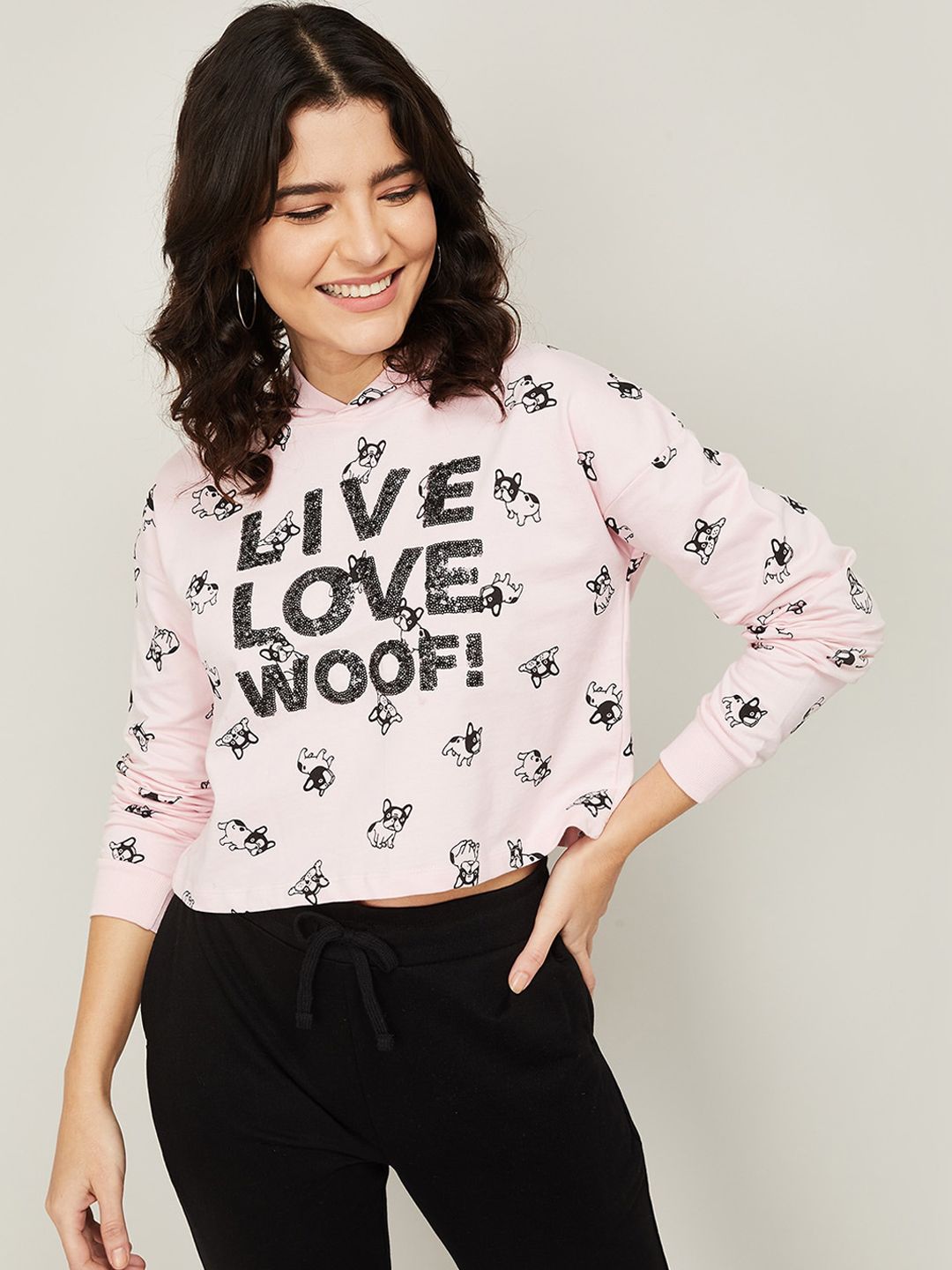 Ginger by Lifestyle Women Pink & Black Printed Hooded Sweatshirt