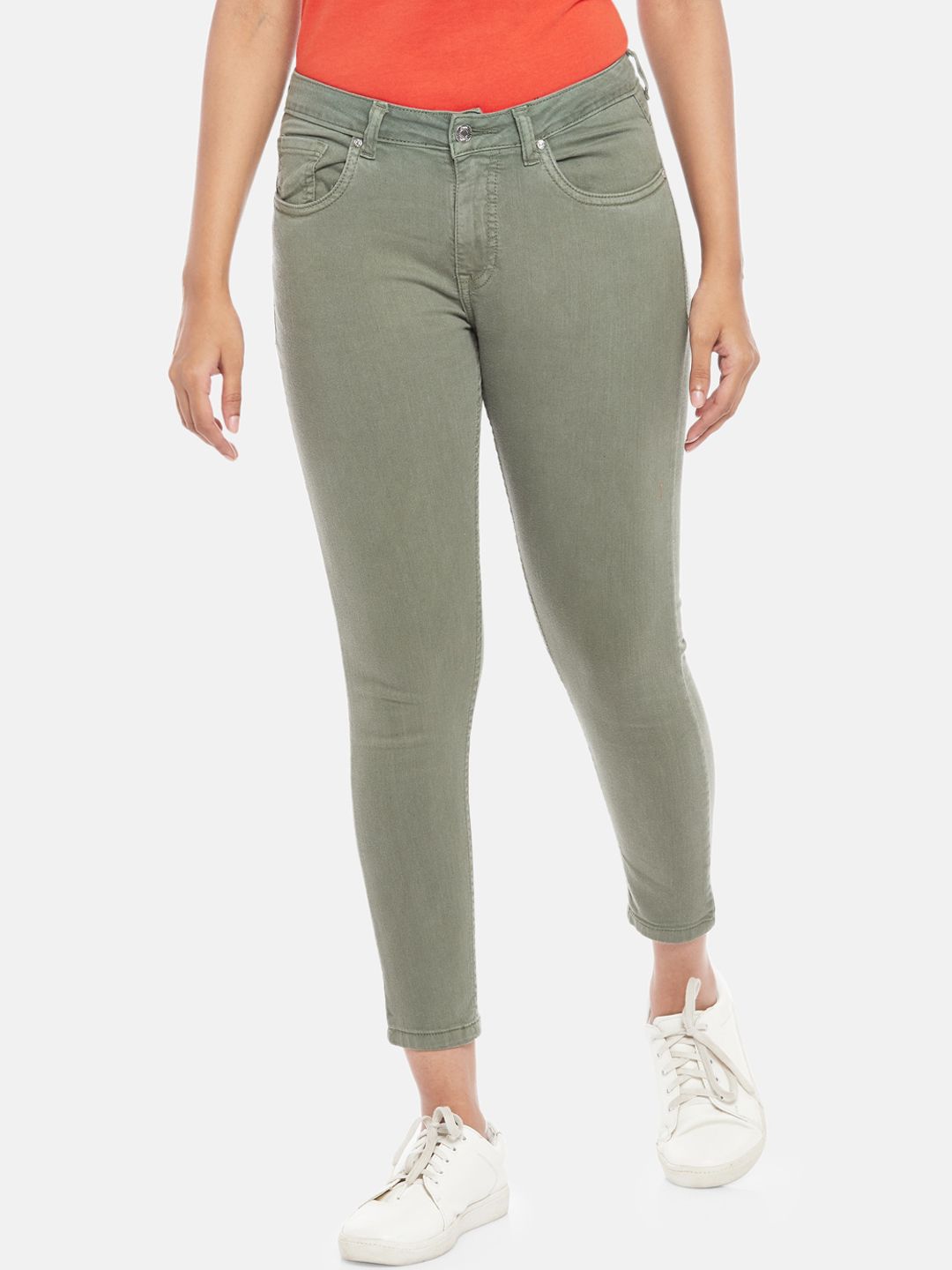 People Women Olive Green Slim Fit Jeans Price in India