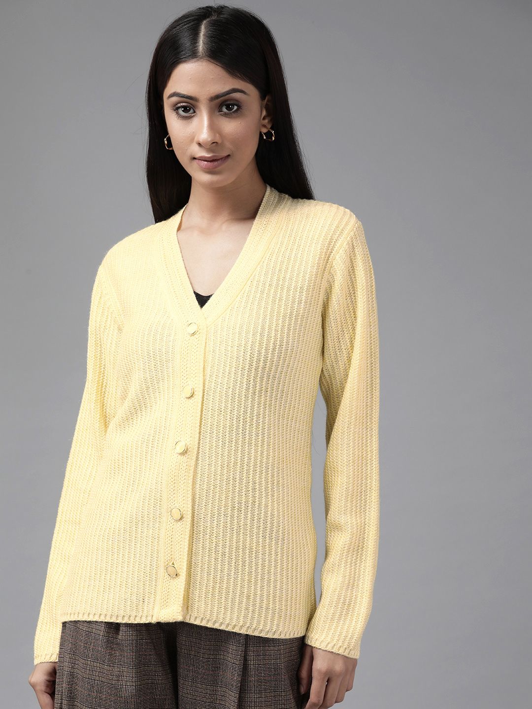 Cayman Women Yellow Striped Cardigan Price in India