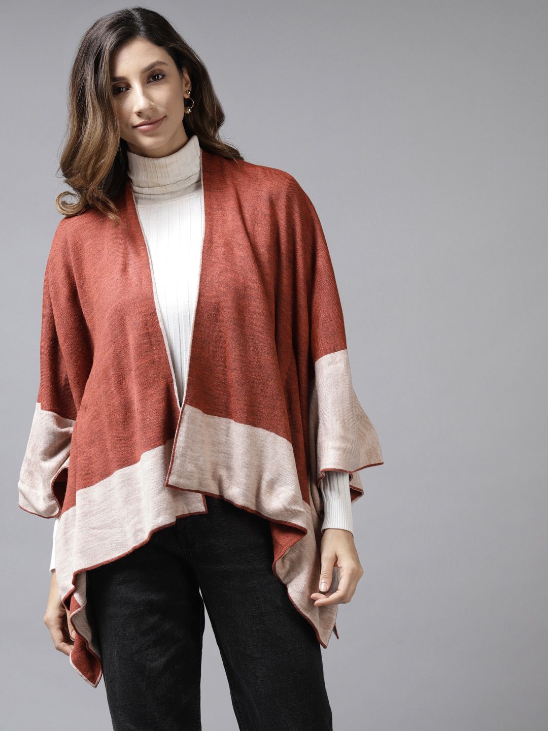 Cayman Women Rust Red Solid Poncho Price in India