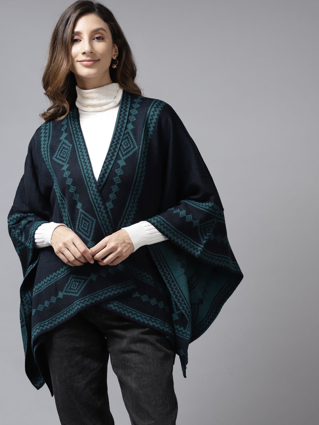 Cayman Women Navy Blue Self-Design Poncho Price in India