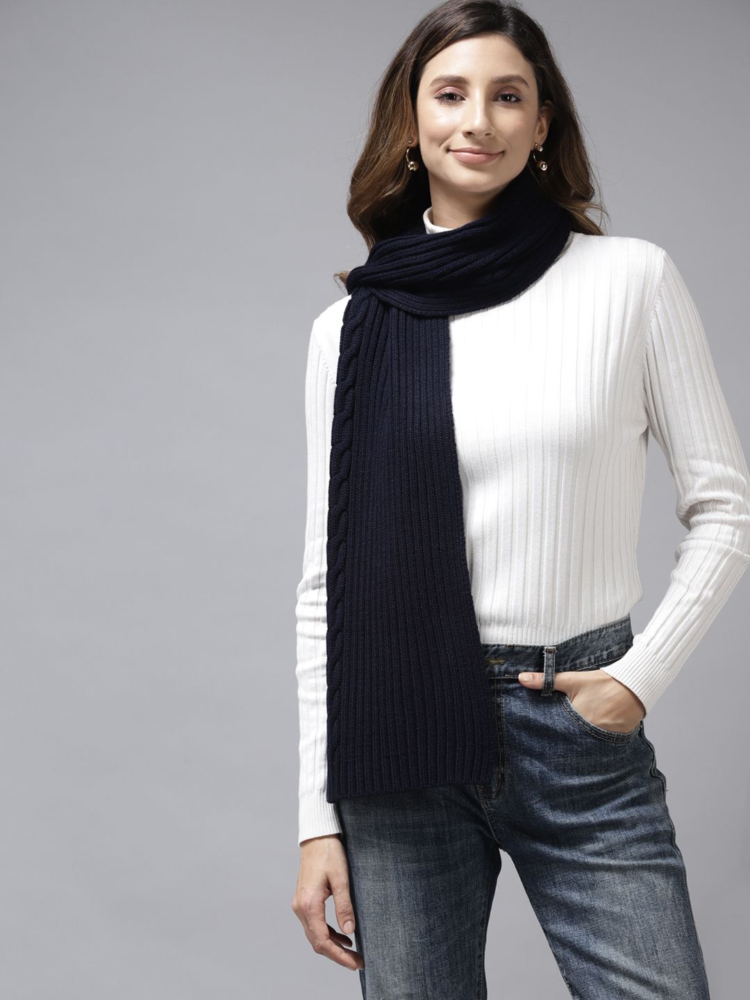 Cayman Women Navy Blue Ribbed Winter Stole Price in India