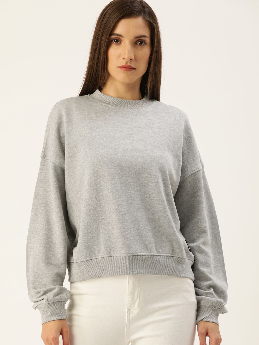 Flying Machine Women Grey Solid Pure Cotton Sweatshirt Price in India