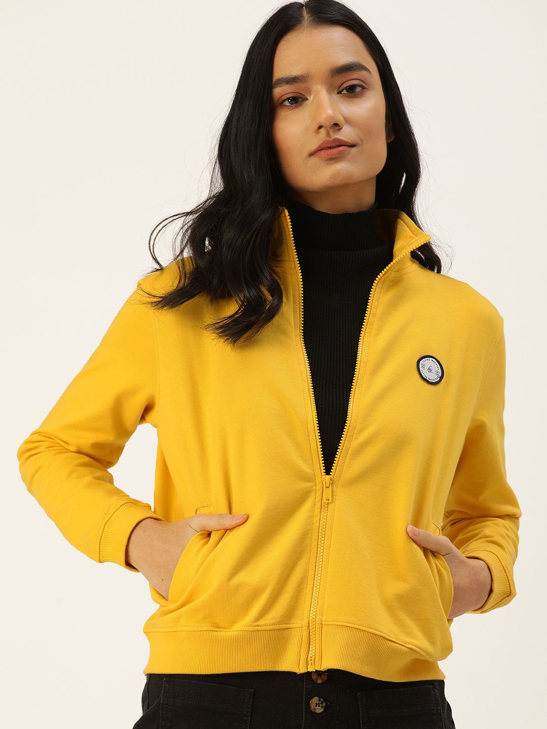 Flying Machine Women Mustard Yellow Pure Cotton Front-Open Sweatshirt Price in India
