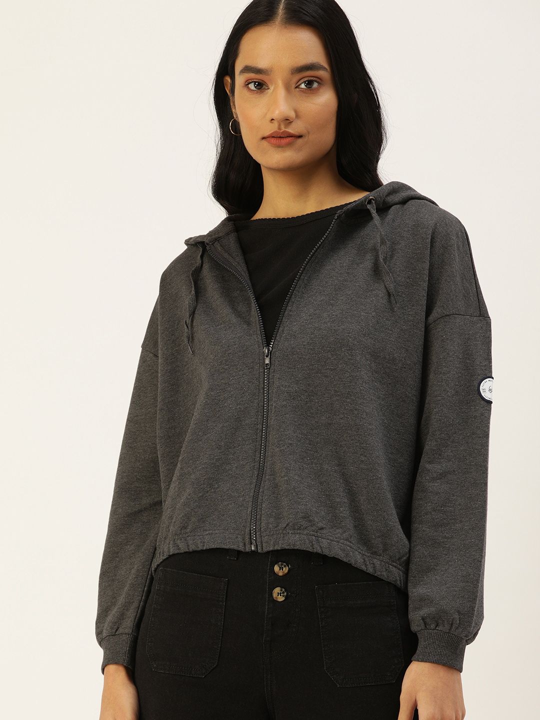 Flying Machine Women Charcoal Grey Solid Hooded Cropped Sweatshirt Price in India
