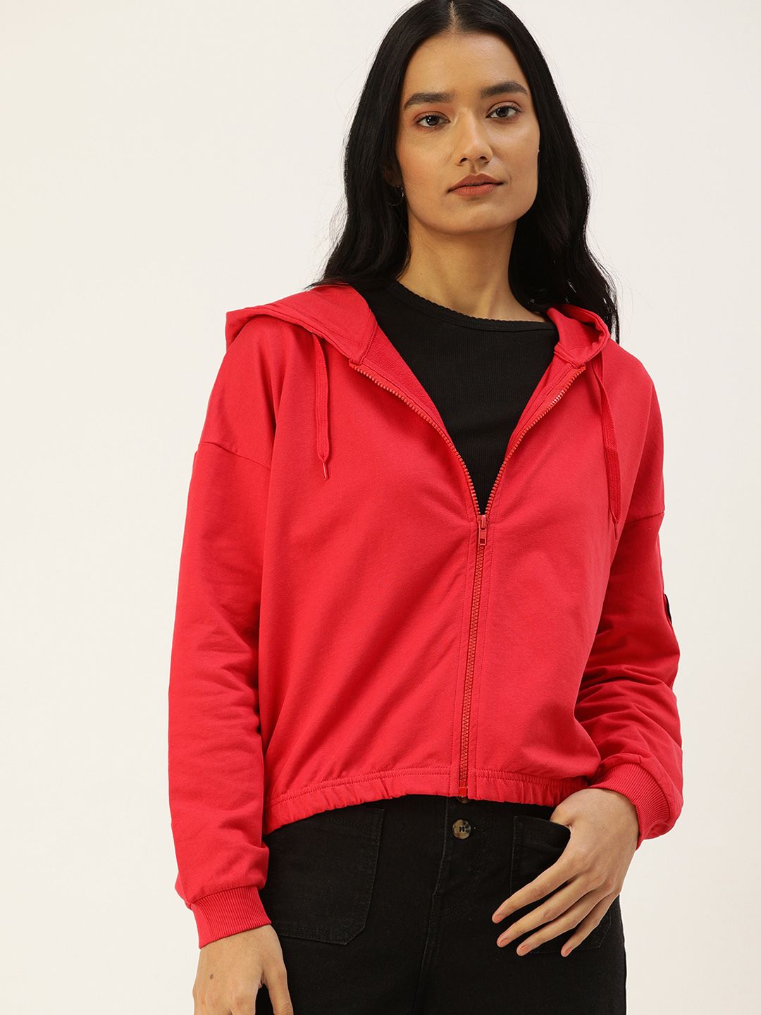 Flying Machine Women Red Solid Hooded Cropped Pure Cotton Sweatshirt Price in India