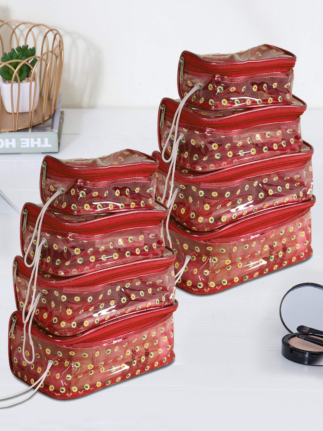 prettykrafts Set Of 8 Red Printed Makeup Cosmetics Bag Price in India