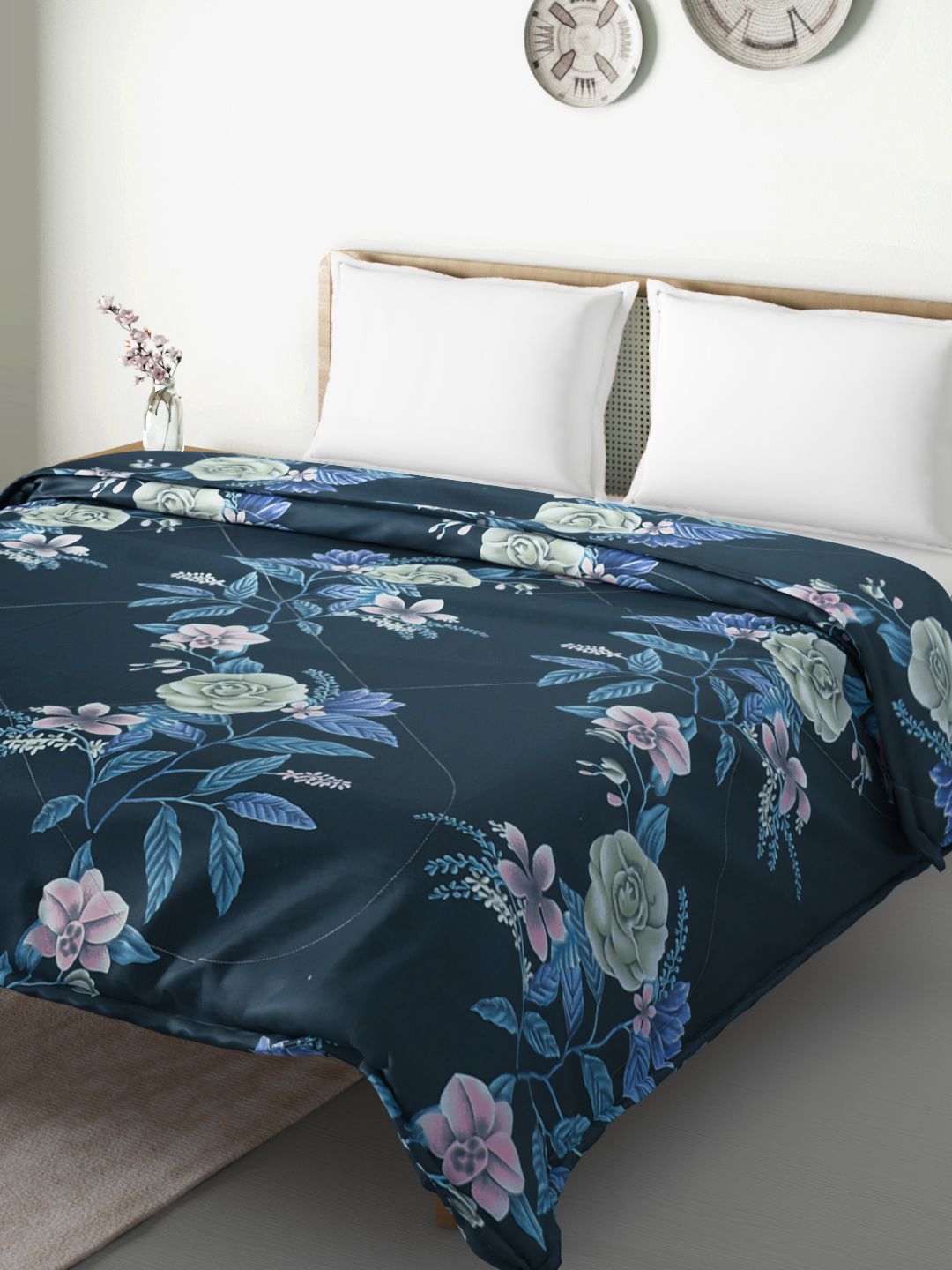 Aura Teal Green & Pink Floral Print Mild Winter 150 GSM Double Bed Comforter Price in India