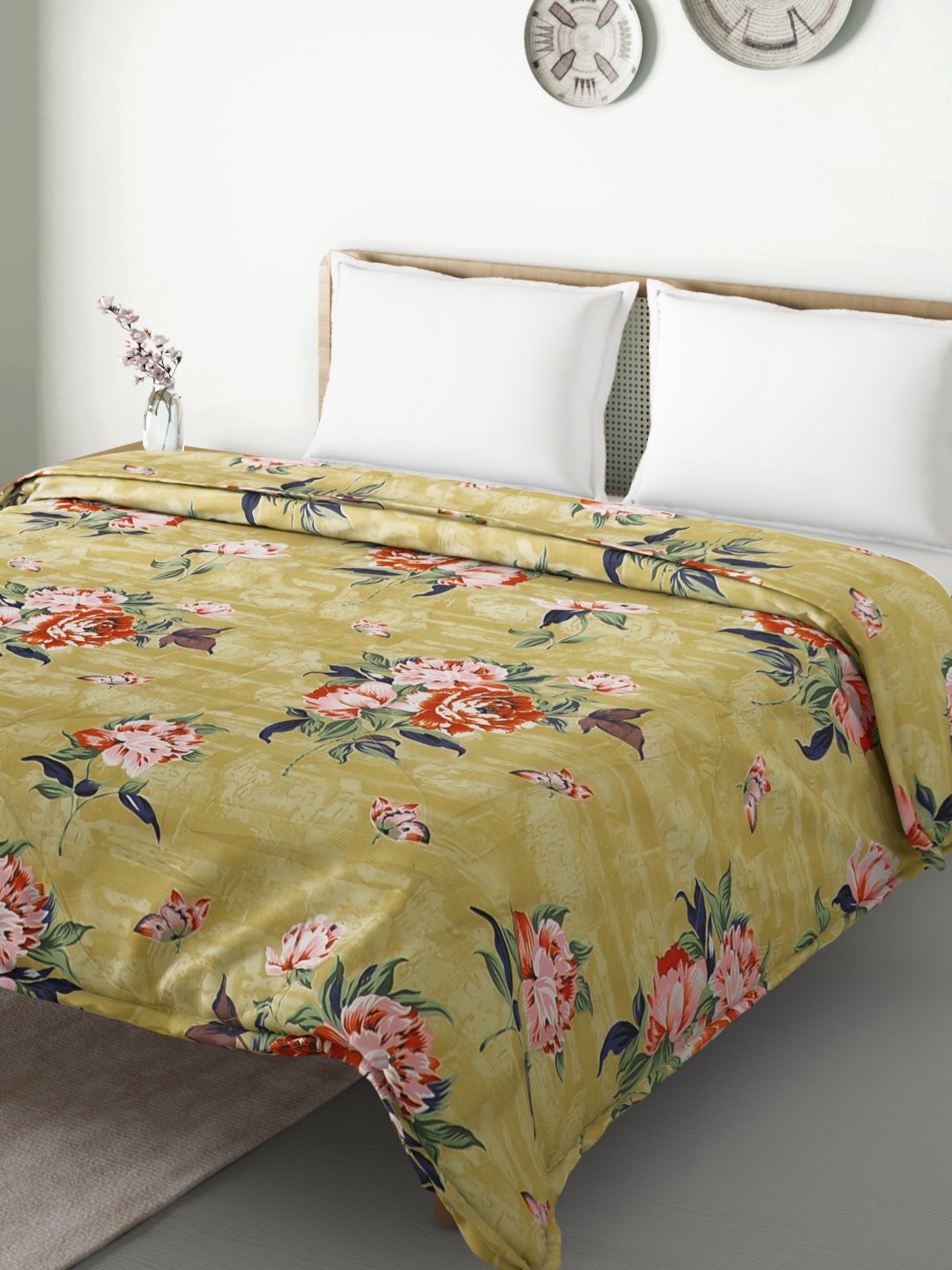 Aura Mustard Yellow & Green Floral Print Mild Winter 150 GSM Double Bed Comforter Price in India