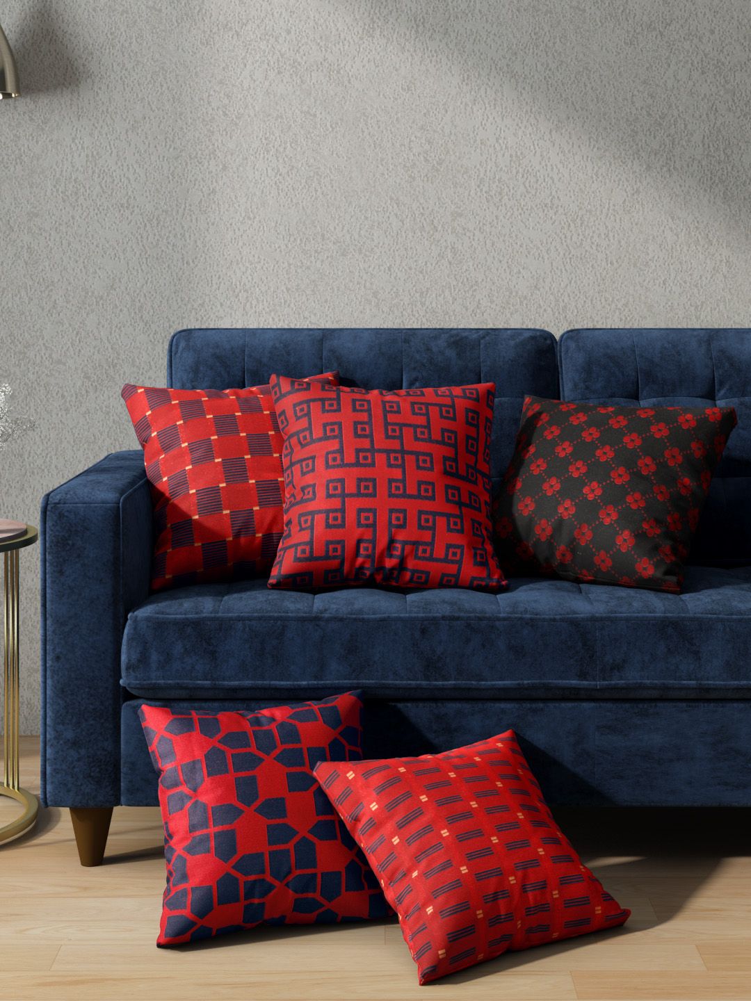 Aura Red & Navy Blue Set of 5 Geometric Patterned Square Cushion Covers Price in India