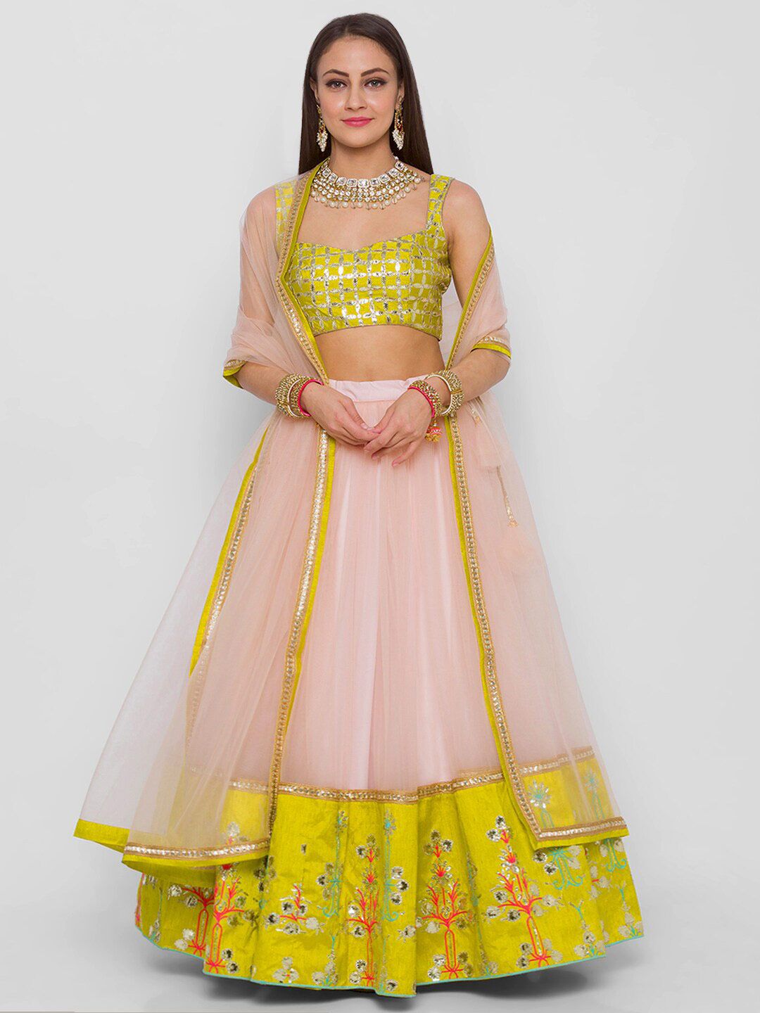 6Y COLLECTIVE Champagne & Yellow Embroidered Sequinned Semi-Stitched Lehenga & Unstitched Blouse With Price in India