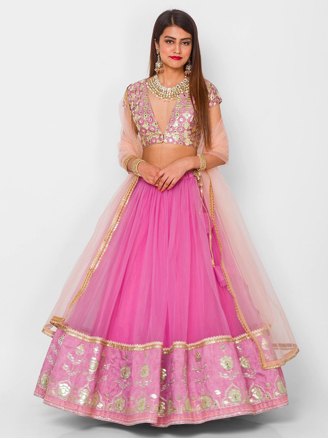 6Y COLLECTIVE Lavender & Gold-Toned Semi-Stitched Lehenga & Unstitched Blouse With Dupatta Price in India