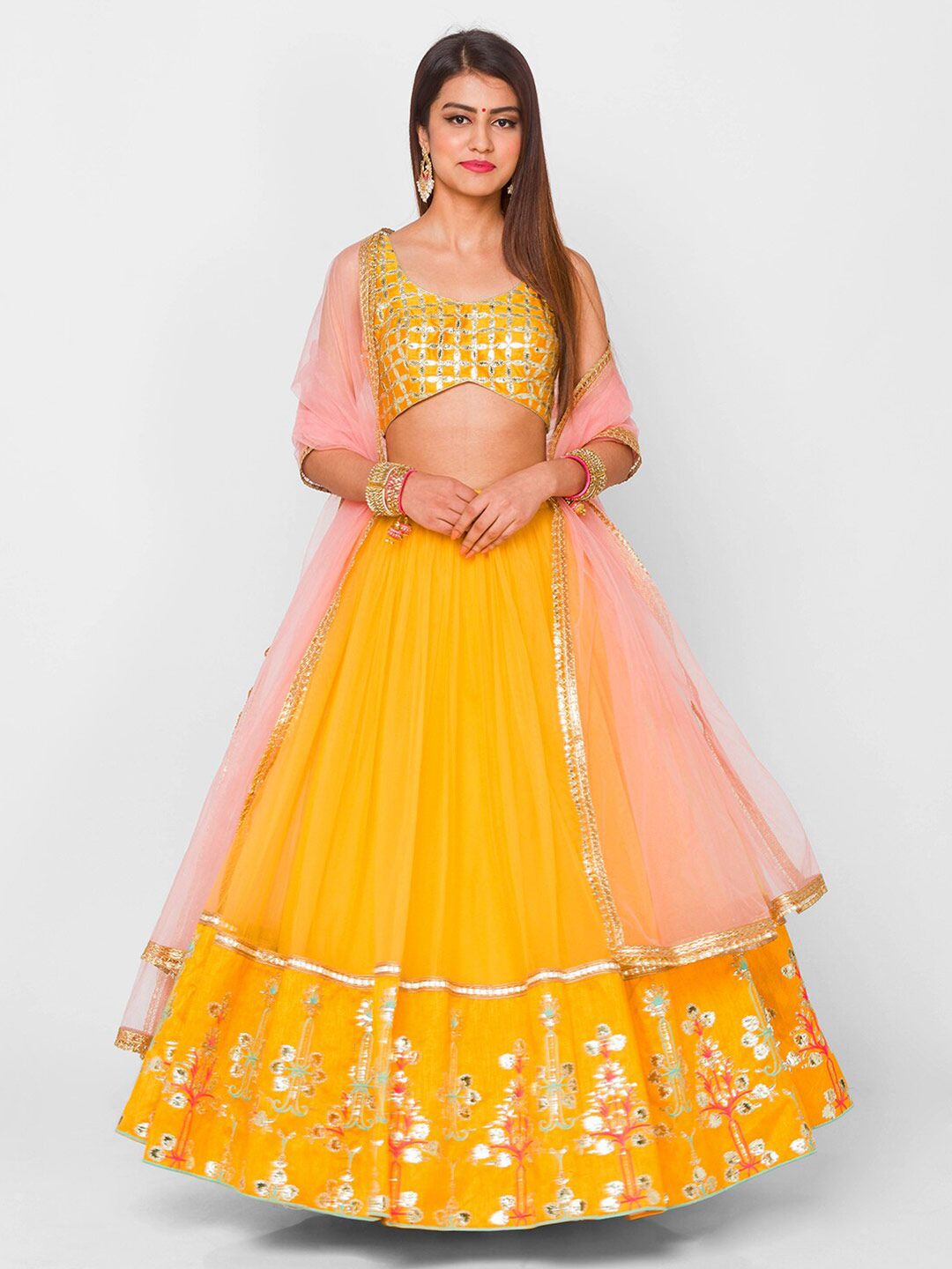 6Y COLLECTIVE Mustard & Gold-Toned Embroidered Semi-Stitched Lehenga & Blouse With Dupatta Price in India