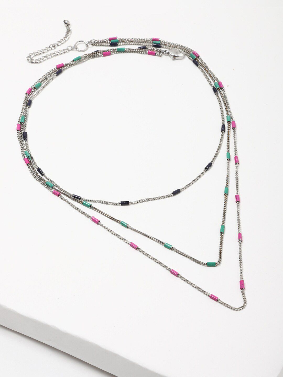 FOREVER 21 Women Silver-Toned & Pink Silver-Plated Layered Necklace Price in India