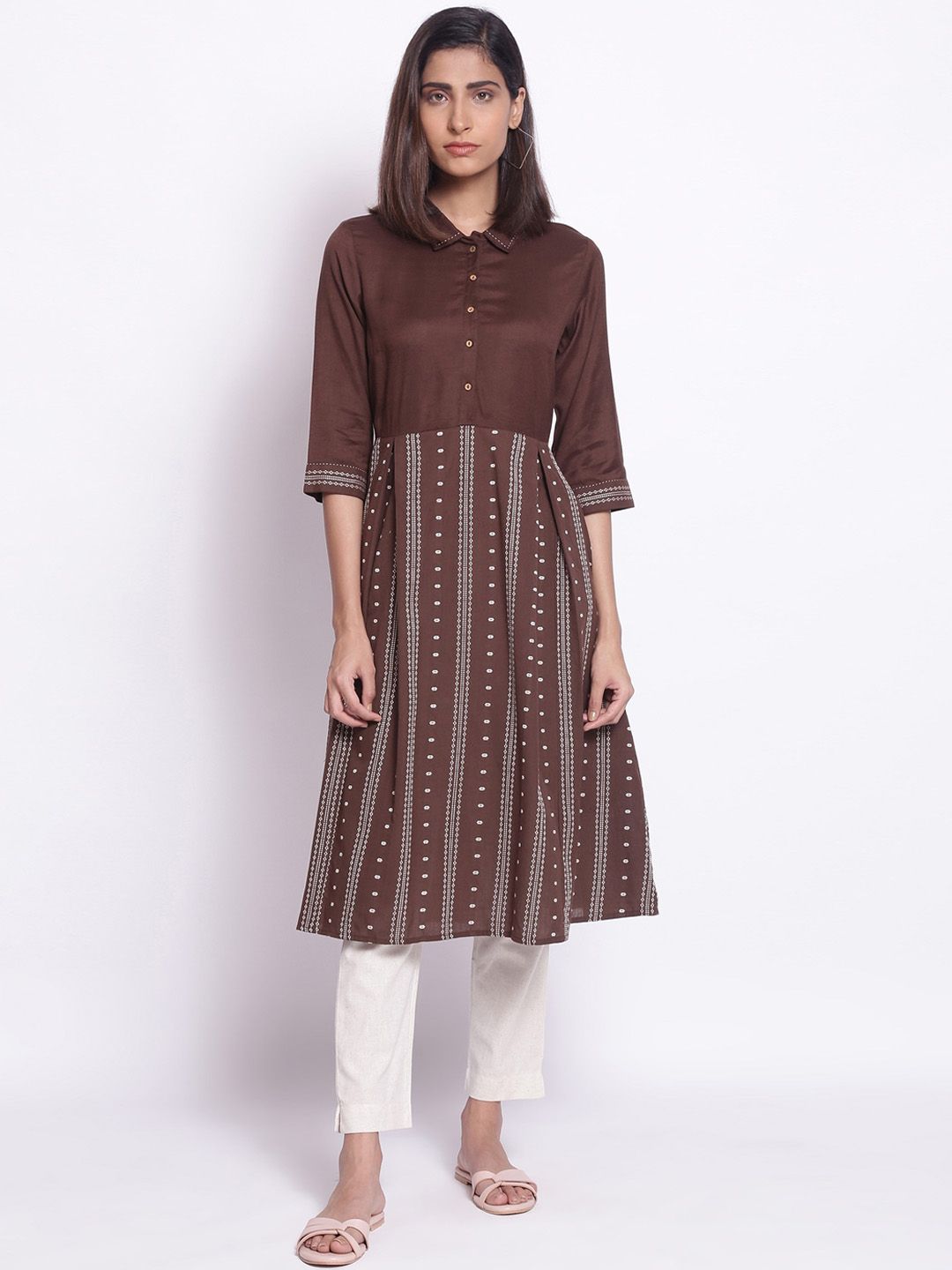 W Women Brown Printed Fit & Flared Midi Dress Price in India