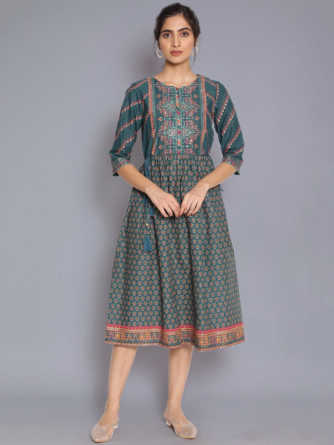 W Women Green & Pink Ethnic Motifs Keyhole Neck Midi Dress Price in India